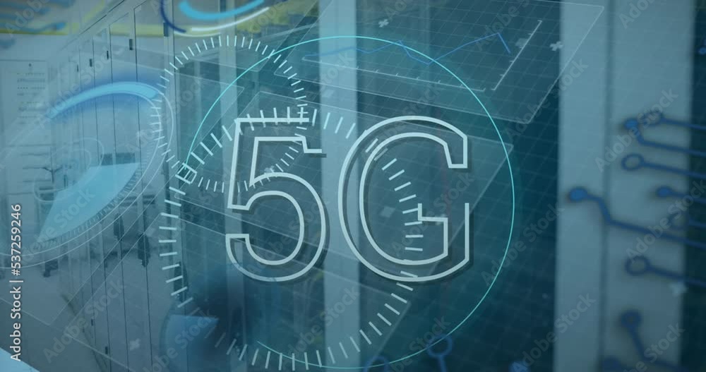 Poster animation of scope scanning with 5g text over server room