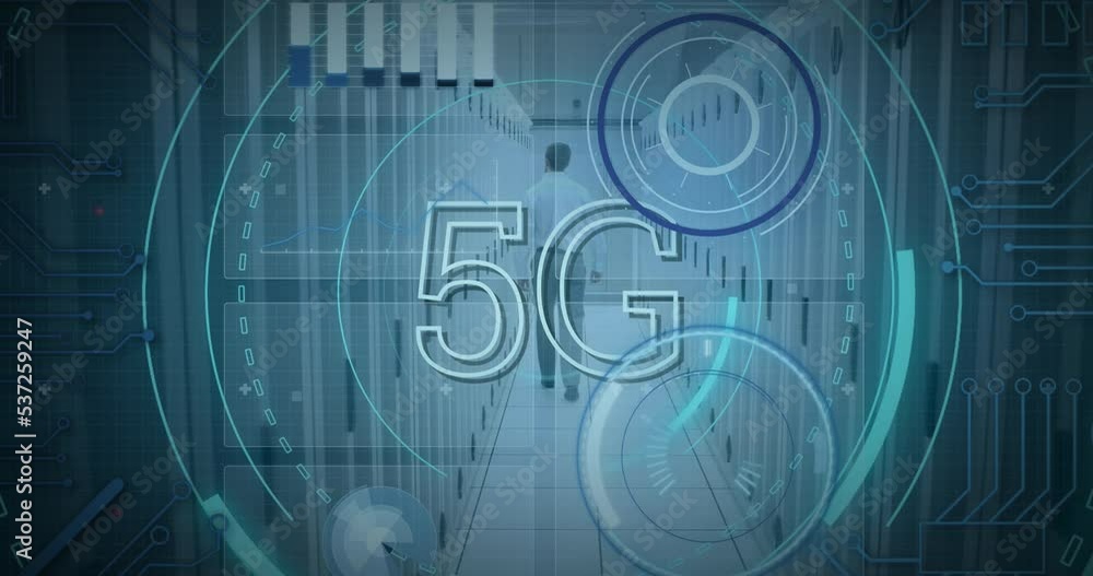 Poster animation of scope scanning with 5g text over caucasian man in server room