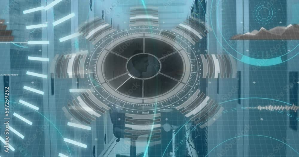 Poster animation of scope scanning with 5g text over diverse people in server room