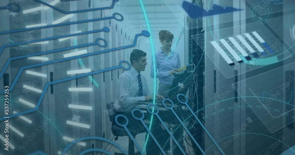 Poster animation of scope scanning with 5g text over diverse people in server room