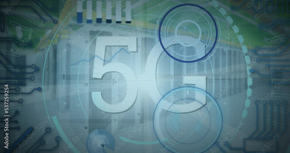 Poster animation of scope scanning with 5g text over server room