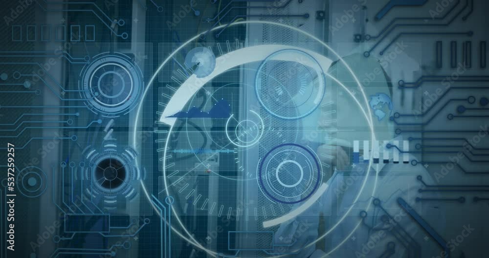 Poster animation of scope scanning with 5g text over caucasian man in server room