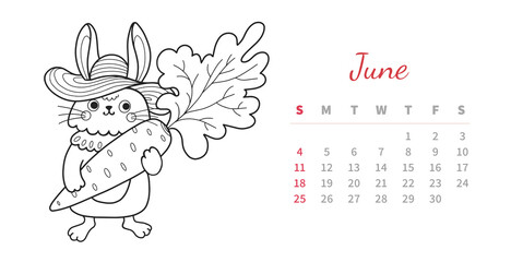 June 2023 horizontal calendar page with cute outline bunny. Rabbit farmer in straw hat, holding big carrot vegetable. Chinese new year symbol. Coloring book vector illustration.