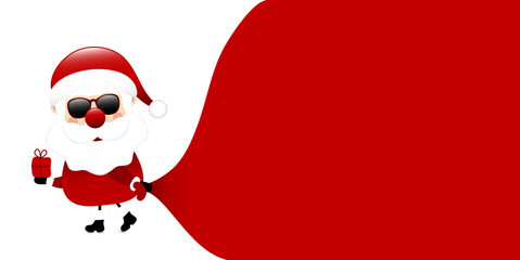 Weihnachtsmann Mit Sonnenbrille Zieht Sack Vorwärts Hintergrund Weiß Dunkelrot