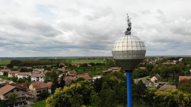aerial view at the top of the water tower network antenna with relays in the Serbia