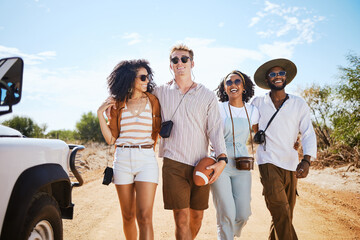 Travel, diversity and friends on a road trip for happy summer holidays, vacation and sunny caravan adventure as tourists. Smile, men and young women walking outdoors enjoying nature in Australia