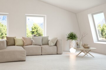 White living room with sofa and summer landscape in window. Scandinavian interior design. 3D illustration