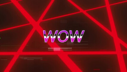 Animation of glitch effect over wow text banner against neon stripes on red background - Powered by Adobe