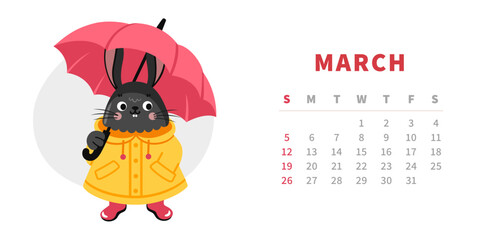 Calendar horizontal template for march 2023. Year of chinese black water rabbit. Cute cartoon bunny with umbrella. Vector illustration.