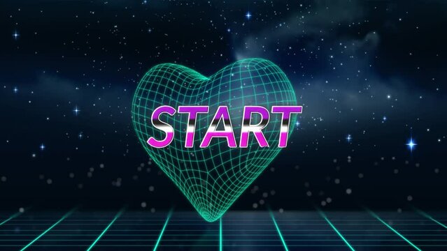 Animation of start text over heart icon against concentric squares in seamless pattern in space