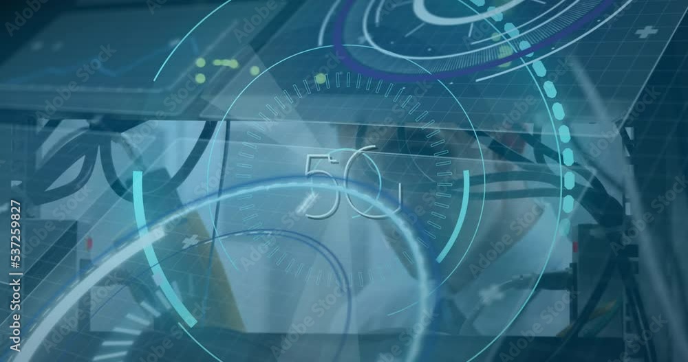 Poster animation of scope scanning with 5g text and data processing over caucasian man in server room