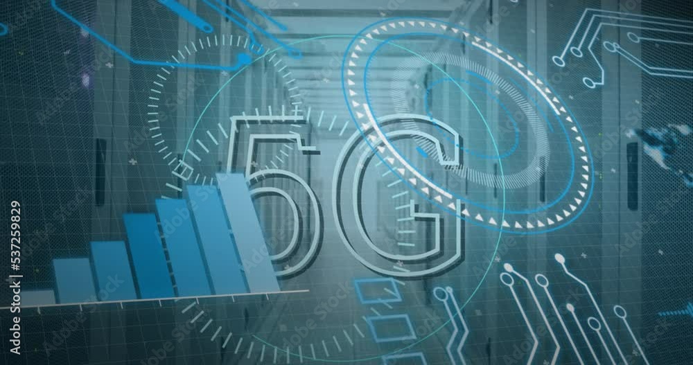 Poster animation of scope scanning with 5g text and data processing over server room