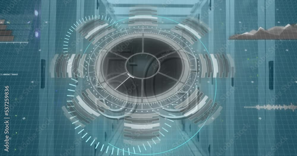 Poster animation of scope scanning with 5g text and data processing over server room