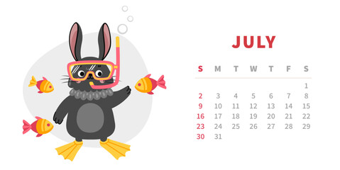 Calendar horizontal template for july 2023. Year of chinese black water rabbit. Cute cartoon bunny character with scuba and fish. Vector illustration.