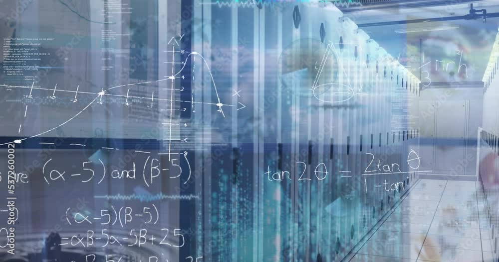 Poster animation of mathematical equations and data processing over server room