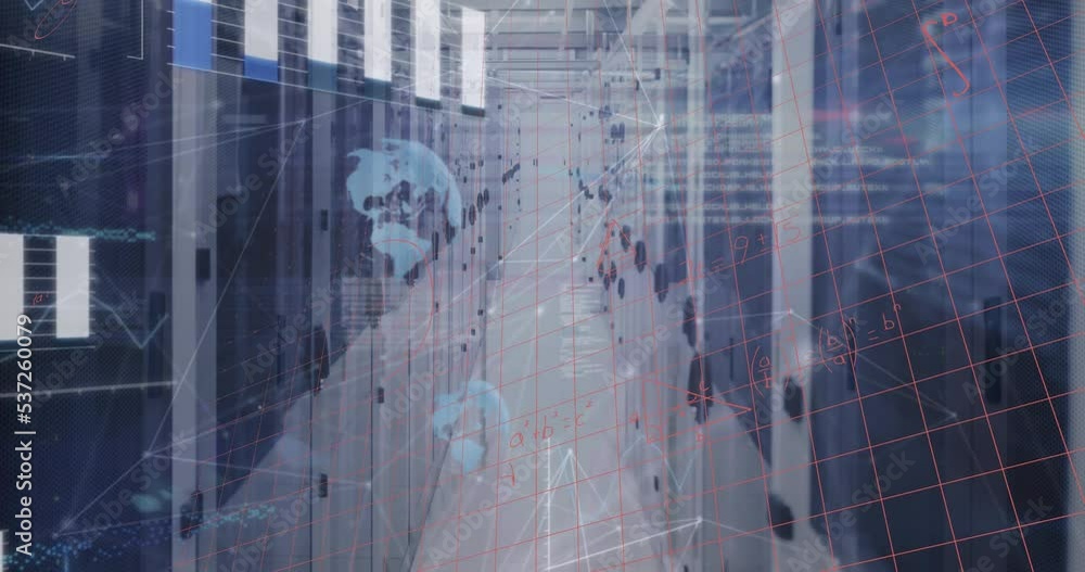 Poster animation of mathematical equations and data processing over server room