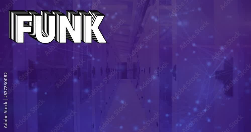 Poster animation of funk text and network of connetcions over server room
