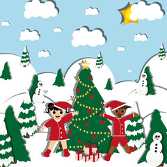 Children in Santa Claus costumes near the Christmas tree with gifts in the winter forest with snowmen. A Christmas card in the cutout paper style with spruce, children, snow hills, clouds and blue sky