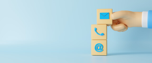 3D hand putting wooden block cube symbol  email, telephone, address. Website and Internet contact us page or e-mail marketing concept. Web banner, copy space,blue background. 3d rendering illustration