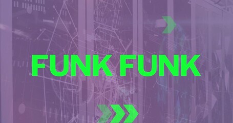 Animation of funk text and network of connetcions with data processing over server room - Powered by Adobe