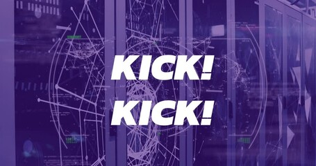 Animation of kick text and network of connetcions with data processing over server room - Powered by Adobe