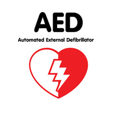 AED,automated external defibrillator / aed sign with heart and electricity symbol flat vector icon	