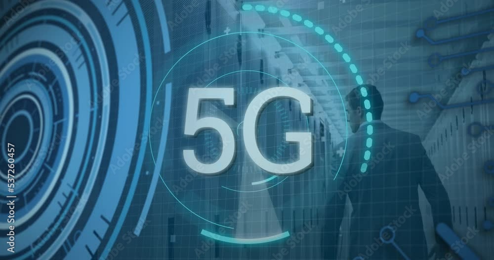 Poster animation of scope scanning with 5g text and data processing over caucasian man in server room