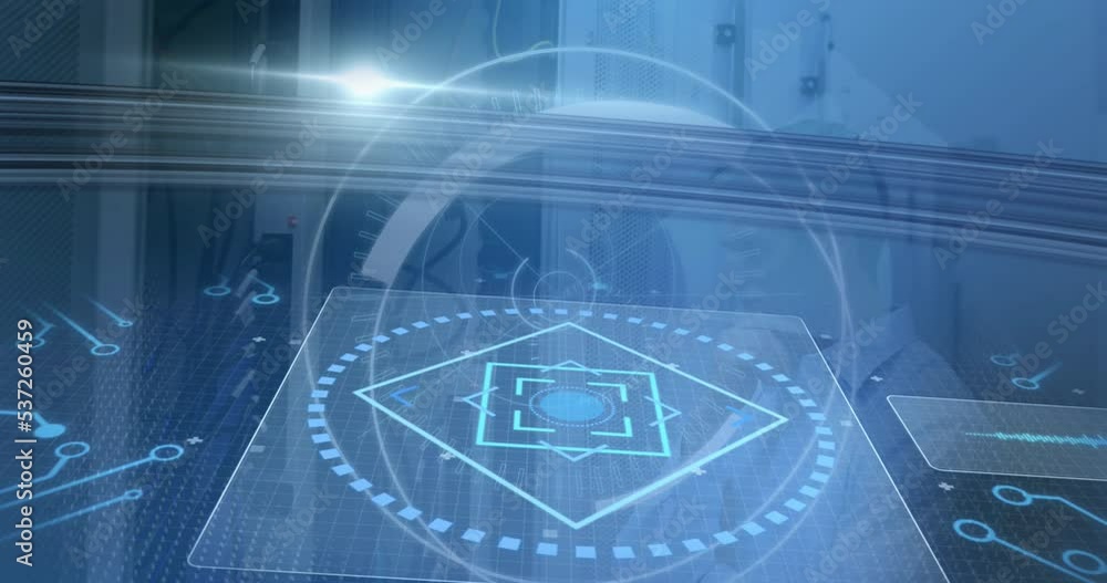 Poster animation of scope scanning with 5g text and data processing over caucasian man in server room