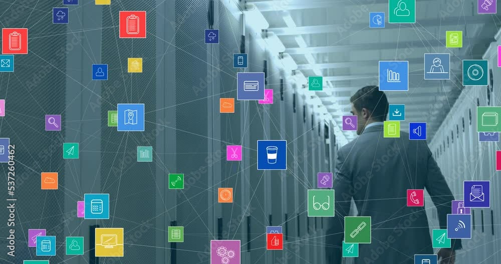 Poster animation of network of connections with icons over caucasian man in server room