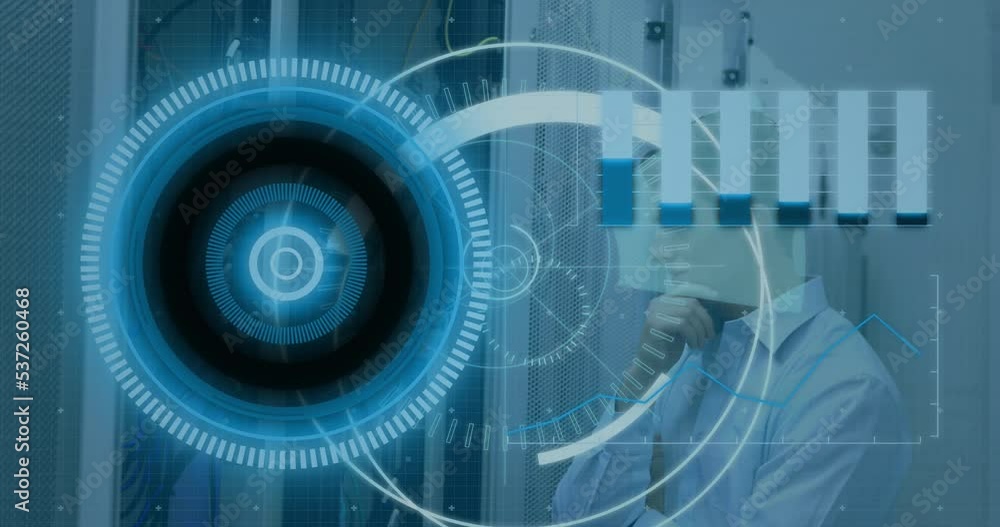 Poster animation of scope scanning with 5g text and data processing over caucasian man in server room