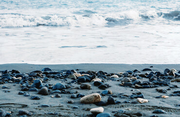 Seashore natural background in gray blue colors, nobody around.