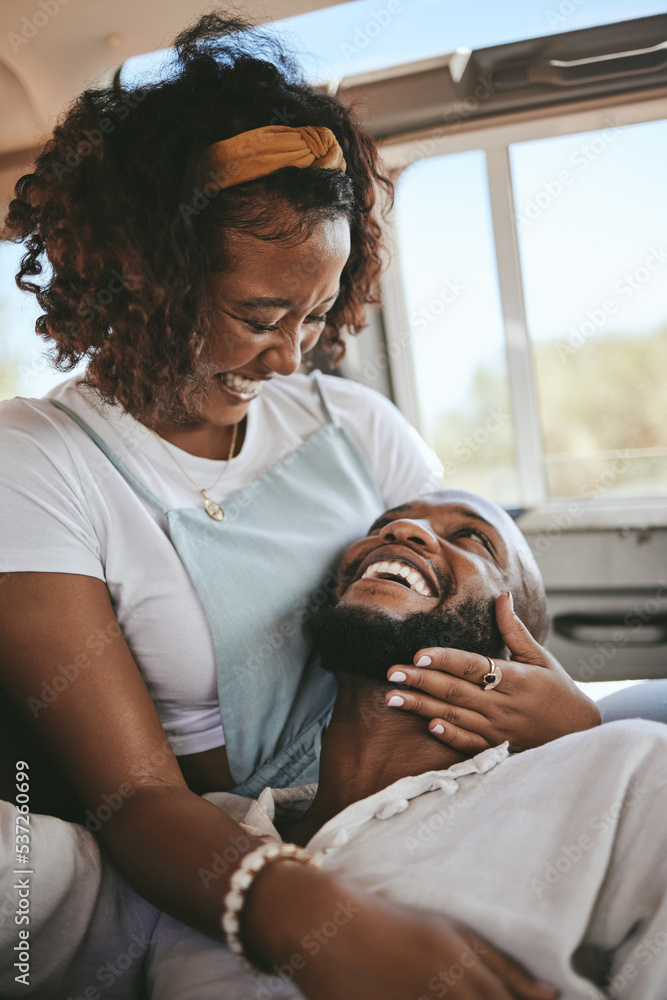 Wall mural Black couple, smile and laugh for love in road trip adventure, travel and relaxing together. African American man and woman in loving, caring and embracing relationship for traveling in nature