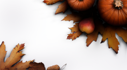 A Thanksgiving autumn harvest background of pumpkins, pears and leaves on a transparent background with copy space.