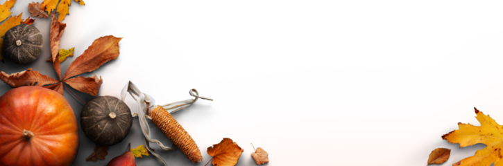 A Thanksgiving autumn harvest background of pumpkins, pears, leaves and corncobs isolated against transparent background.