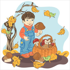 Cartoon little boy with a basket for mushrooms in the forest. Vector season.