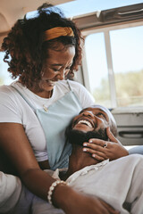 Black couple, smile and laugh for love in road trip adventure, travel and relaxing together....