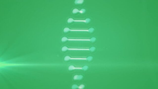 Animation of spinning dna string and lights over blue background