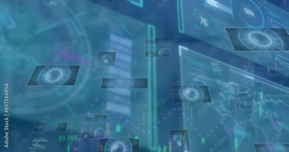 Poster animation of digital interface and data processing on screens over blue background