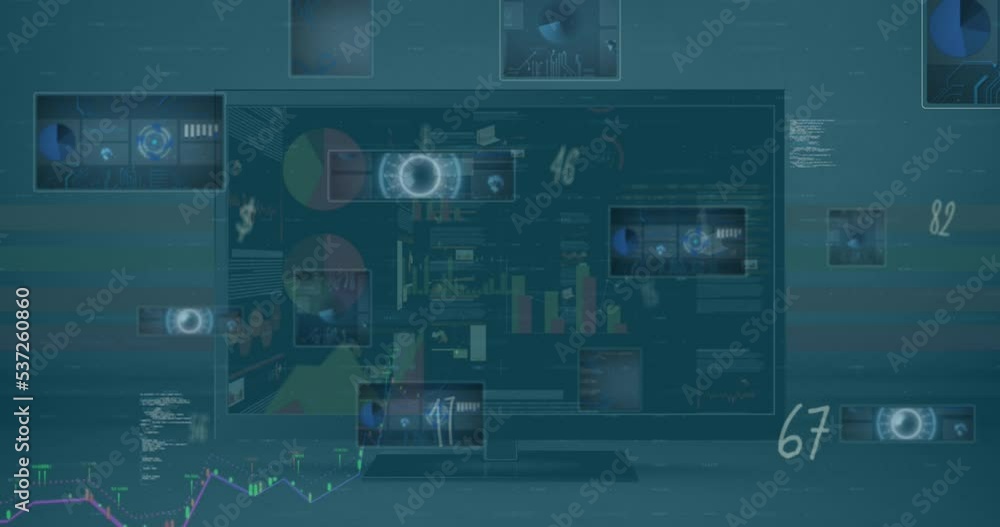 Poster animation of digital interface and data processing on screen