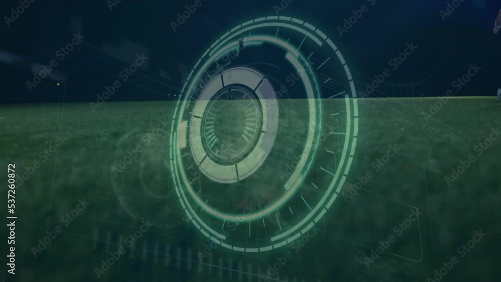 Poster animation of data processing and scope scanning over diverse football players