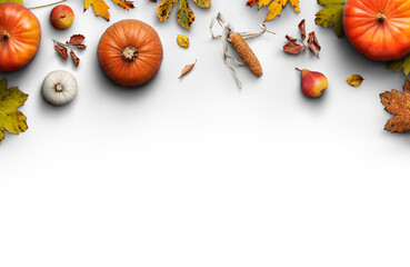 A Thanksgiving autumn harvest background of pumpkins, pears, leaves and corncobs isolated against transparent background. - obrazy, fototapety, plakaty