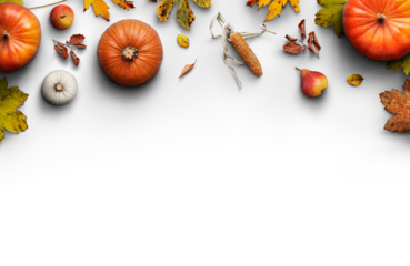 A Thanksgiving autumn harvest background of pumpkins, pears, leaves and corncobs isolated against transparent background.