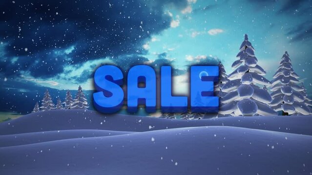 Animation of blue sale text on winter scenery