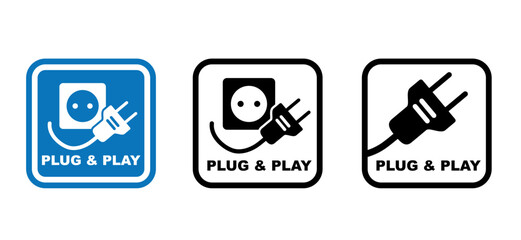Plug & play sign. Cartoon electric plug. socket, electricity, power logo or symbol. Power plugs and cable signs. Socket plug adapter. Wire, cable of energy icon. Hardware facility information icon