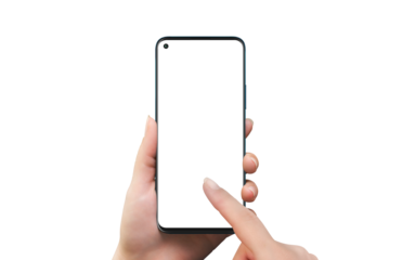 Phone mockup in woman hand. Isolated transparent background and display for mockup, app design presentation