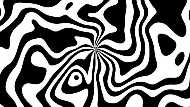 Surreal black and white psychedelic spiral optical illusion. Abstract hypnotic animated background. Seamless looping animation.