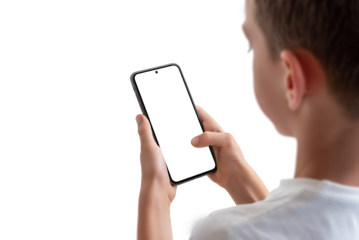 Boy holding smart phone with isolated PNG transparent background and display