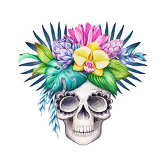 Human skull decorated with tropical flowers and palm leaves. Festive watercolor illustration of tribal mask. Day of the dead clip art isolated on white background