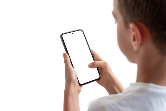 Boy holding smart phone with isolated PNG transparent background and display