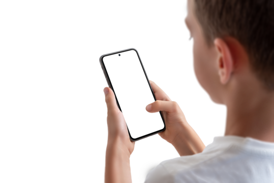 Boy holding smart phone with isolated PNG transparent background and display